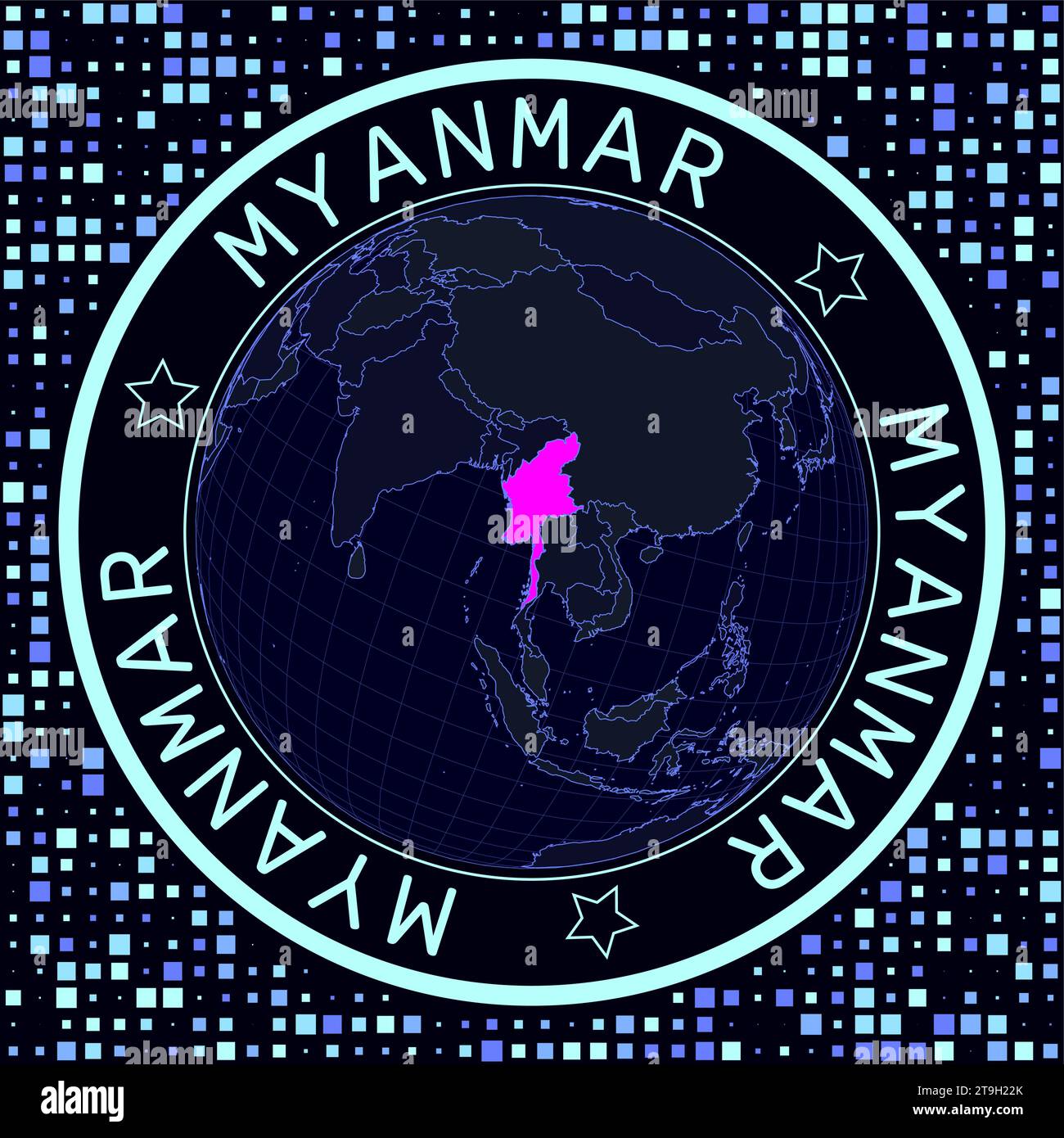 Myanmar on globe vector. Futuristic satellite view of the world centered to Myanmar. Stock Vector