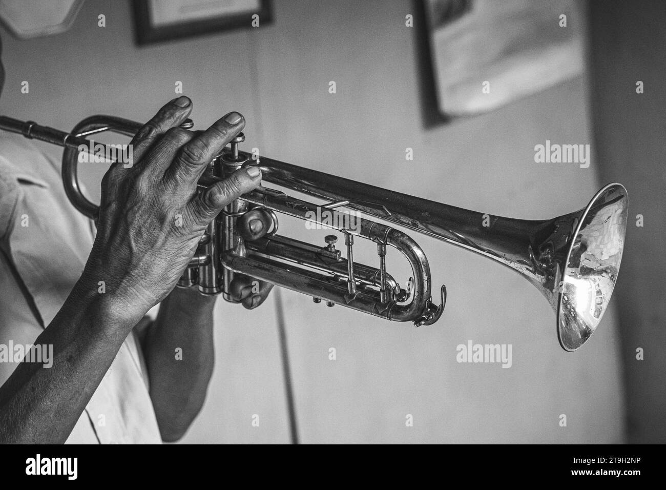 hands with trumpet, mexican music, banda, local musician, Tehuacan, Mexico, 2022 Stock Photo