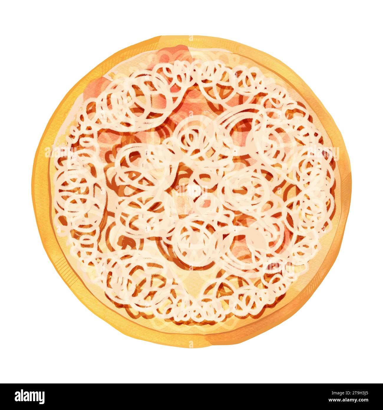 Round pizza with thin crust. Italian food. Pizza dough base without topping. Isolated watercolor