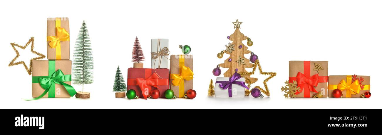 Set of Christmas gift boxes and decorations on white background Stock ...