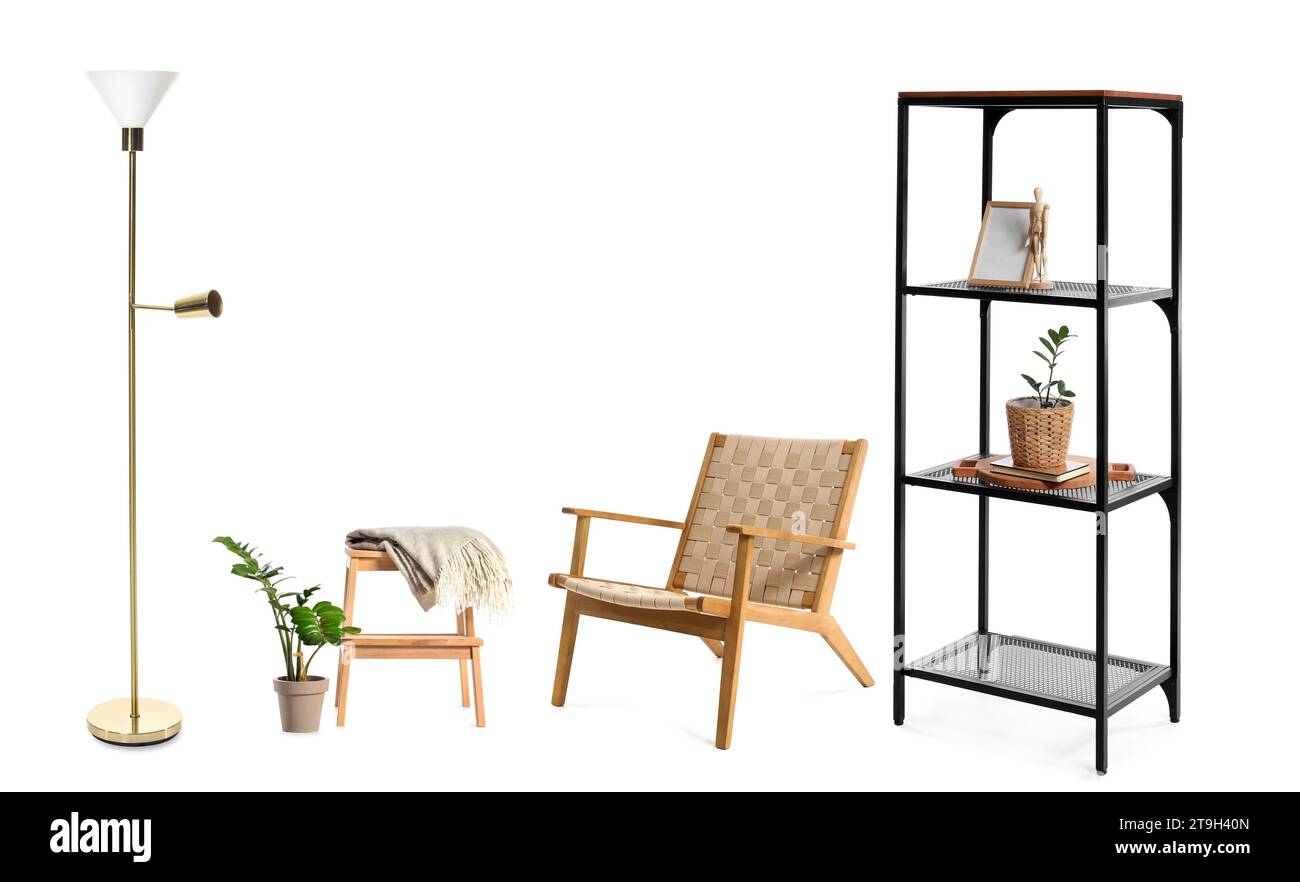 Set of different furniture and decor on white background Stock Photo