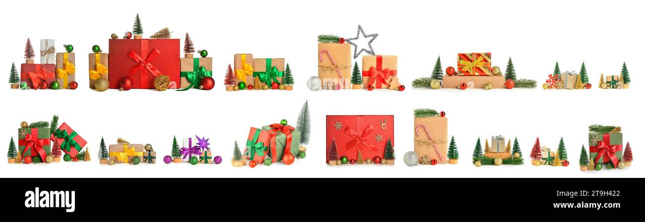 Set of many Christmas gift boxes and decorations isolated on white ...
