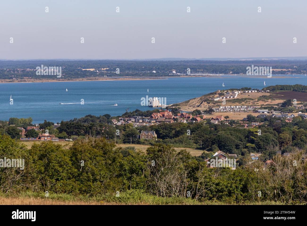 View from Tennyson Down on the Isle of Wight across the Solent towards Hurst Castle in Hampshire, England Stock Photo