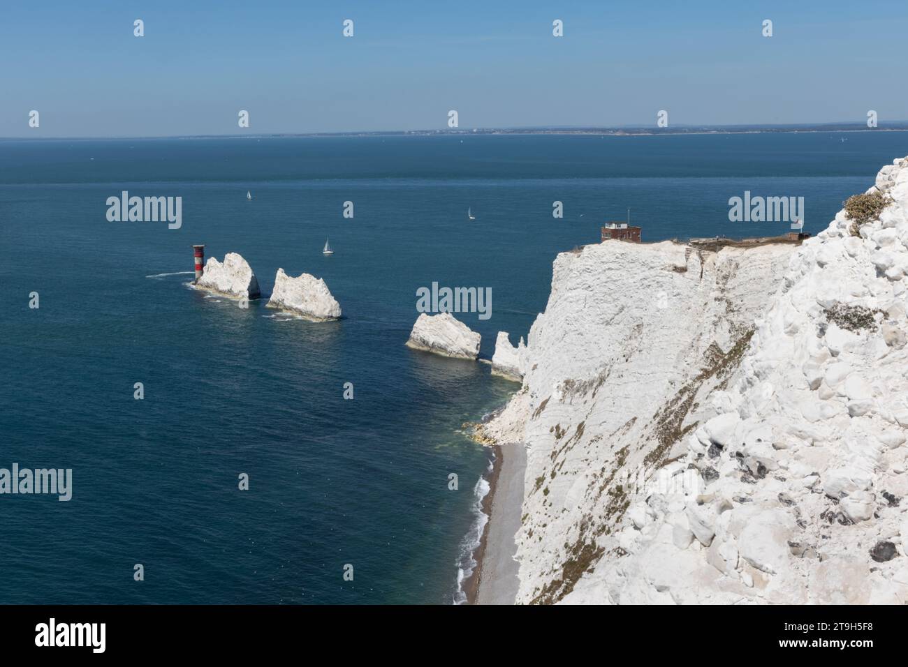 The Needles off the western extremity of the Isle of Wight in the English Channel, United Kingdom Stock Photo