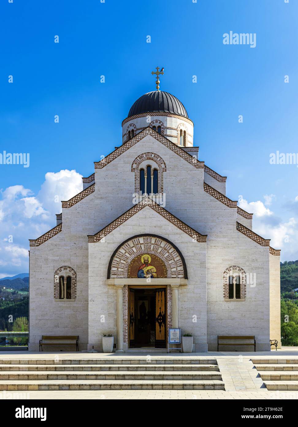 The Church of Saint Tsar Lazar and All Serbian Martyrs - Lazarevica in Andricgrad, the cultural and administrative center of Visegrad Stock Photo