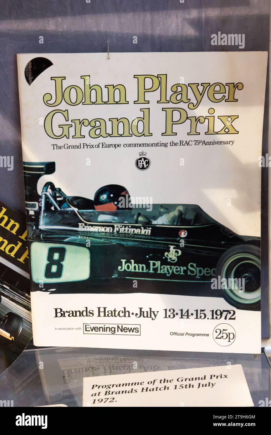 Race programme for 1972 John Player British Formula One Grand Prix at Silverstone, on display at Brooklands museum, Weybridge, Surrey, UK Stock Photo