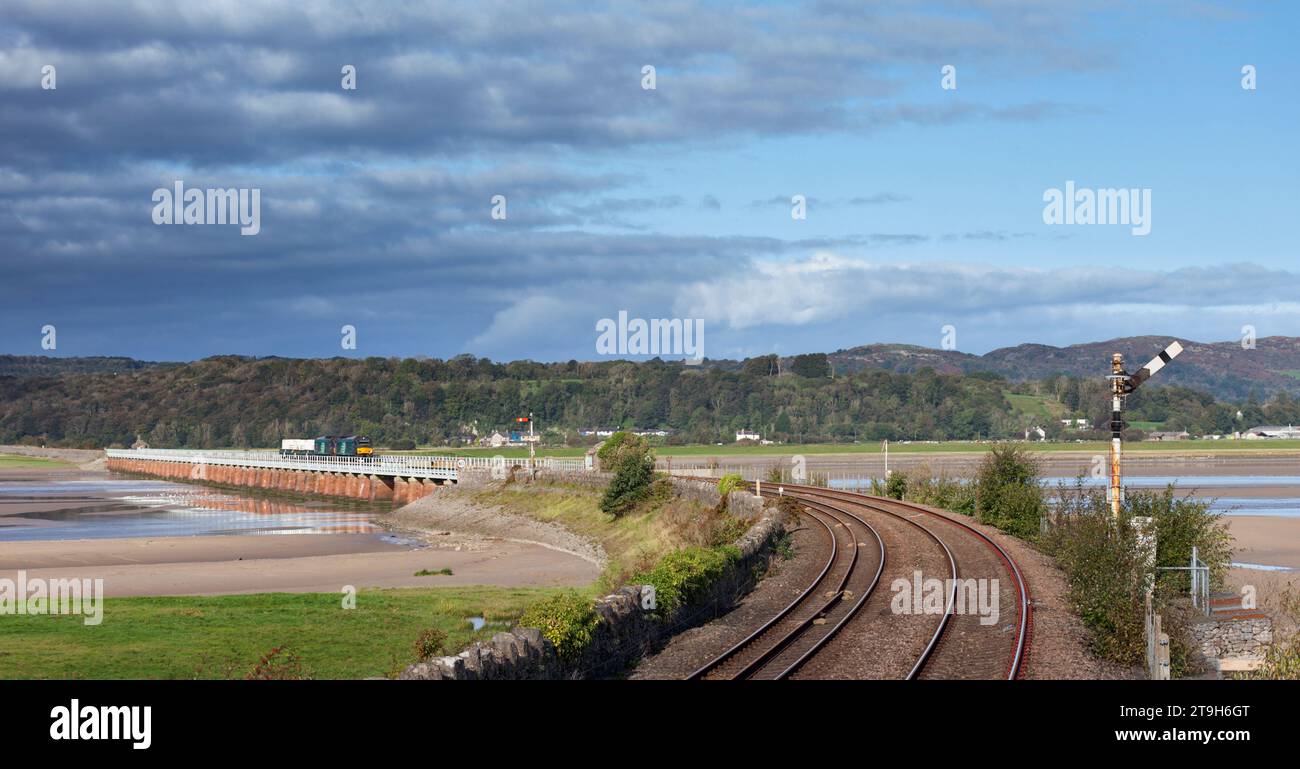 2 Direct Rail Services Class 68 locomotives cross Arnside viaduct ...