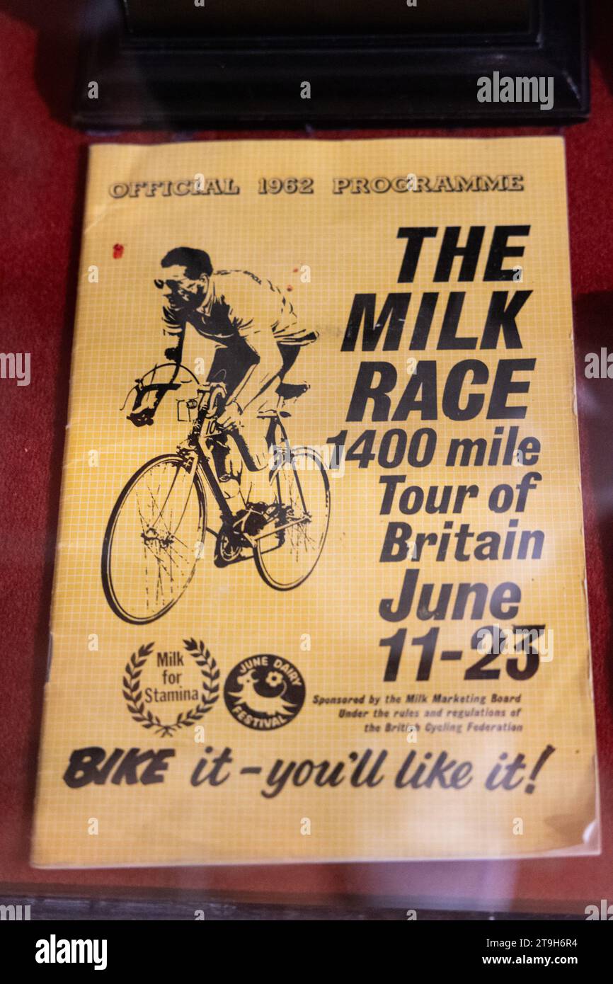 1962 Milk Race event programme on display at Brooklands museum, Weybridge, Surrey, UK Stock Photo