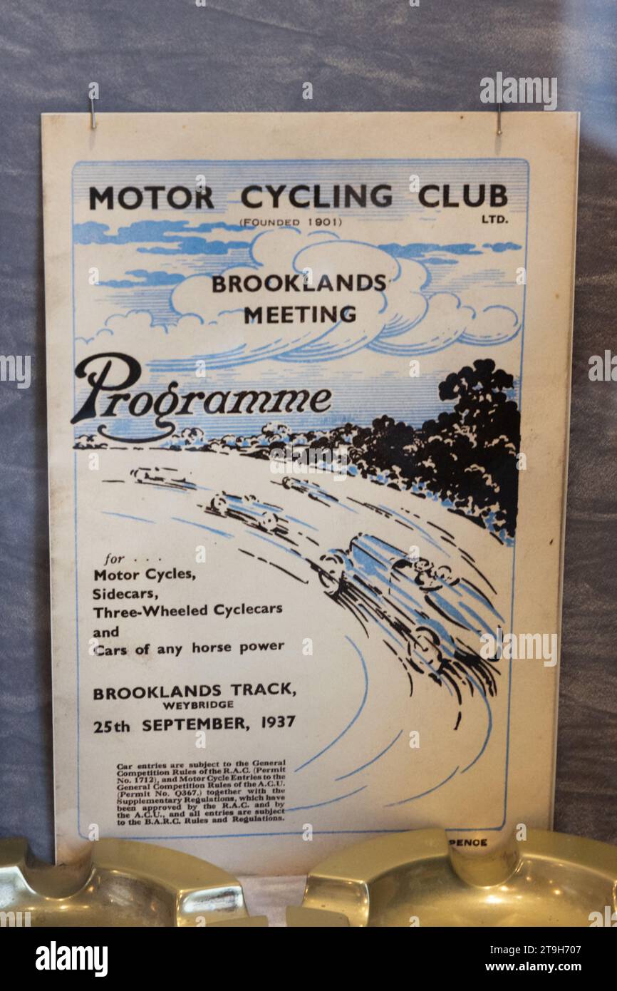 1937 Motor Cycling Club Brooklands track meeting programme on display at Brooklands museum, Weybridge, Surrey, UK Stock Photo
