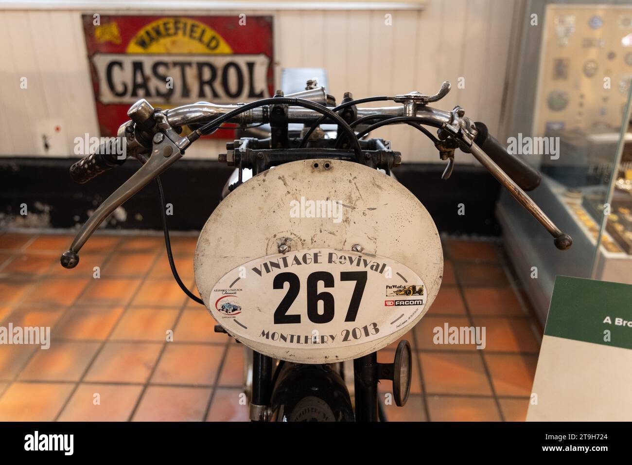 Vintage revival race number on Norton International 350cc motorbike at Brooklands museum, Weybridge, Surrey, UK Stock Photo