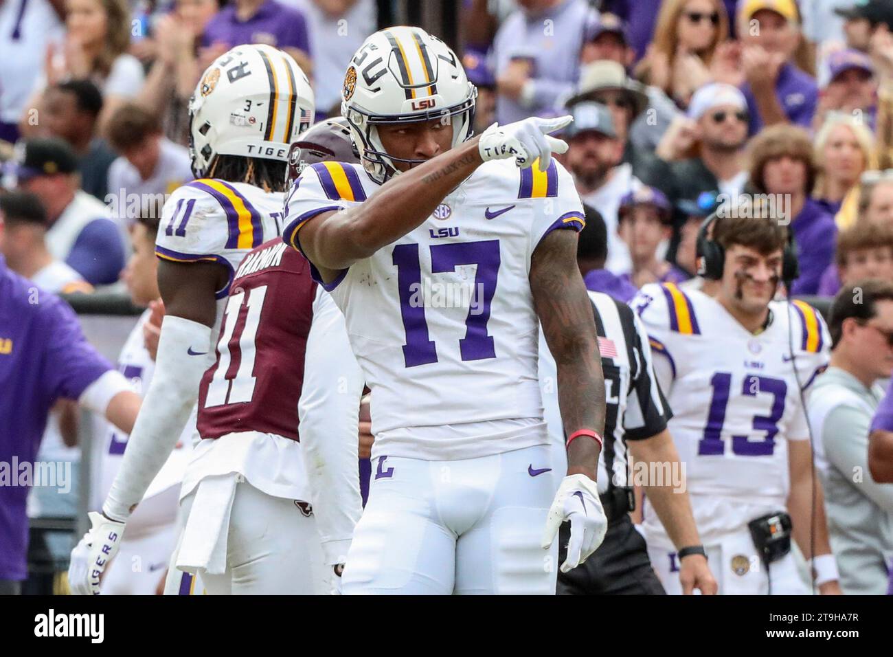 November 25, 2023: LSU's Chris Hilton Jr. (17) signals a first down