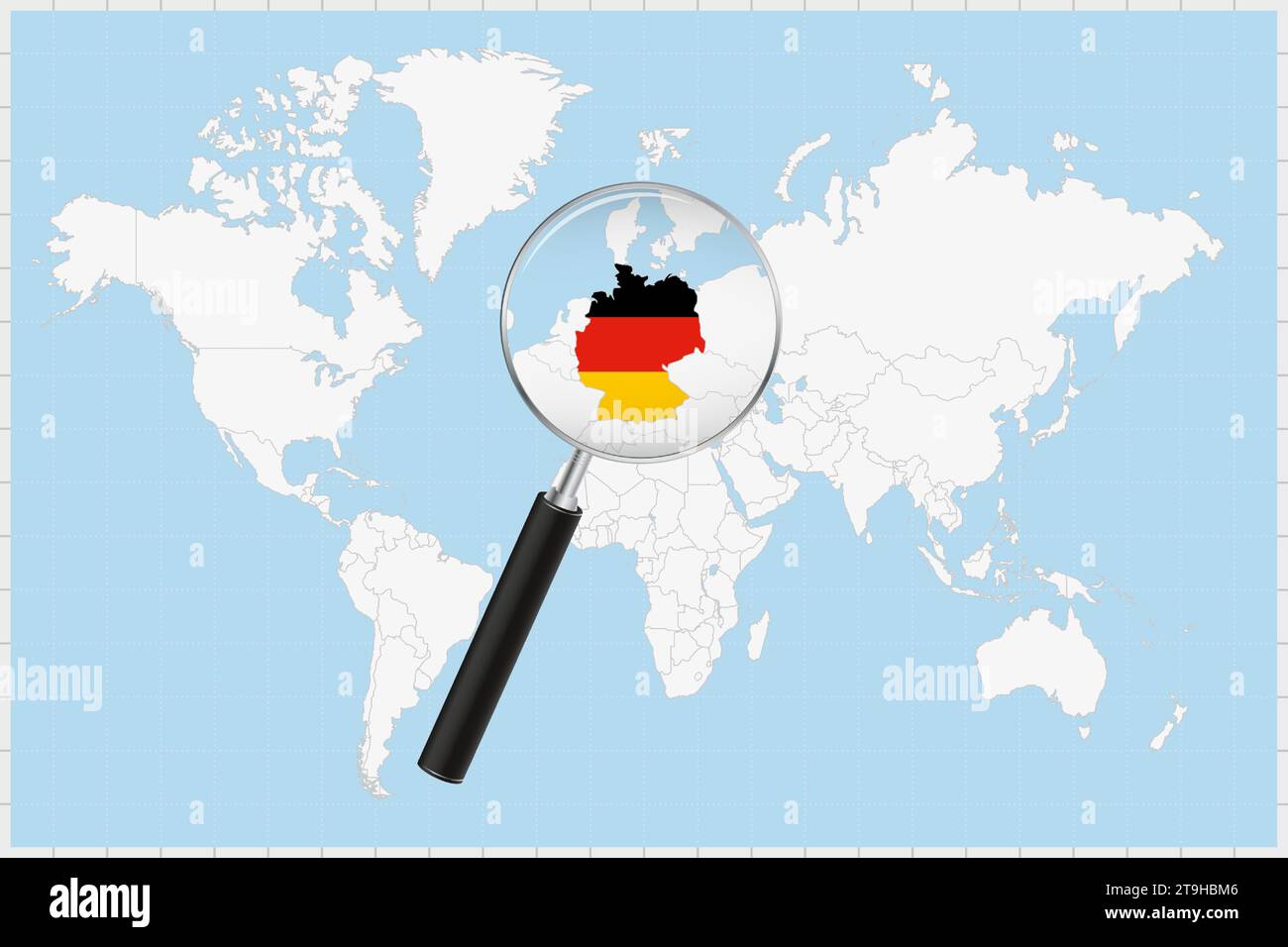 Magnifying glass showing a map of Germany on a world map. Germany flag