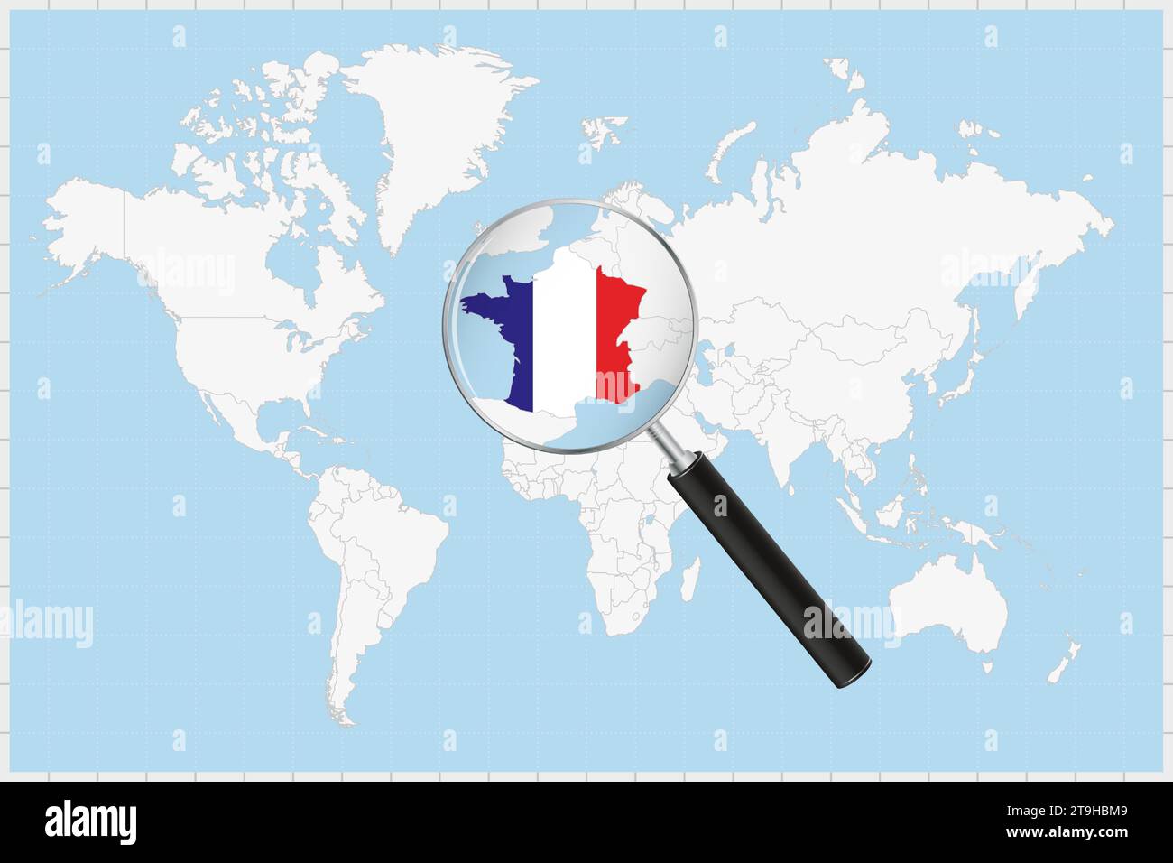Magnifying Glass Showing A Map Of France On A World Map France Flag Magnifying Glass Showing A Map Of France On A World Map France Flag And Map Enlarge In Lens Vector Illustration 2T9HBM9