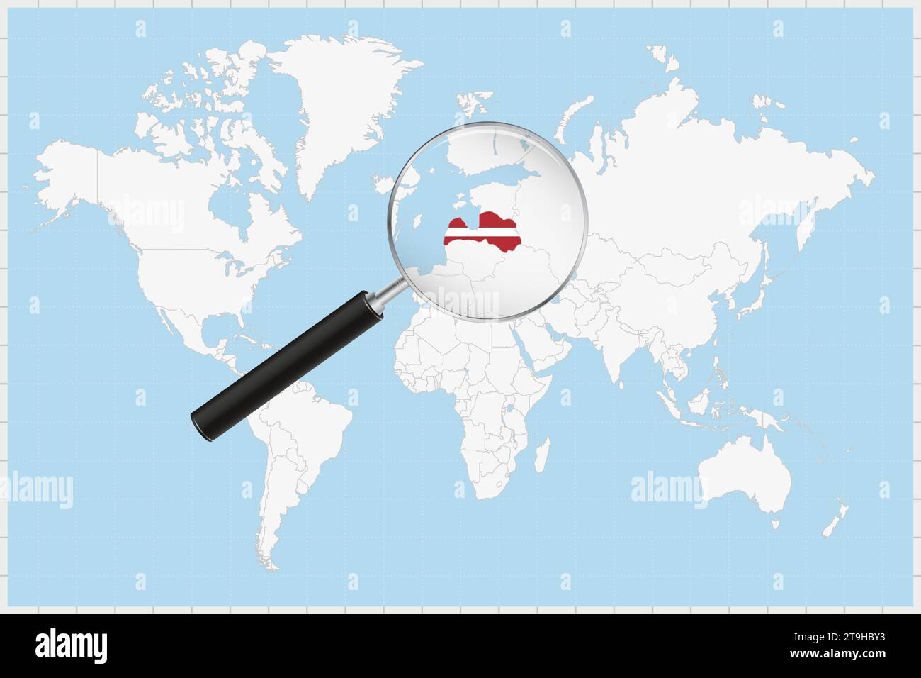 Magnifying glass showing a map of Latvia on a world map. Latvia flag and map enlarge in lens. Vector Illustration. Stock Vector