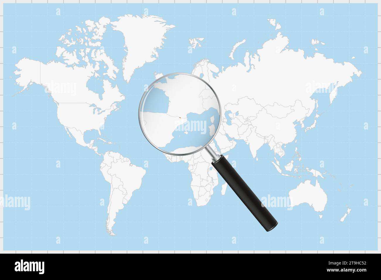 Magnifying glass showing a map of Andorra on a world map. Andorra flag and map enlarge in lens