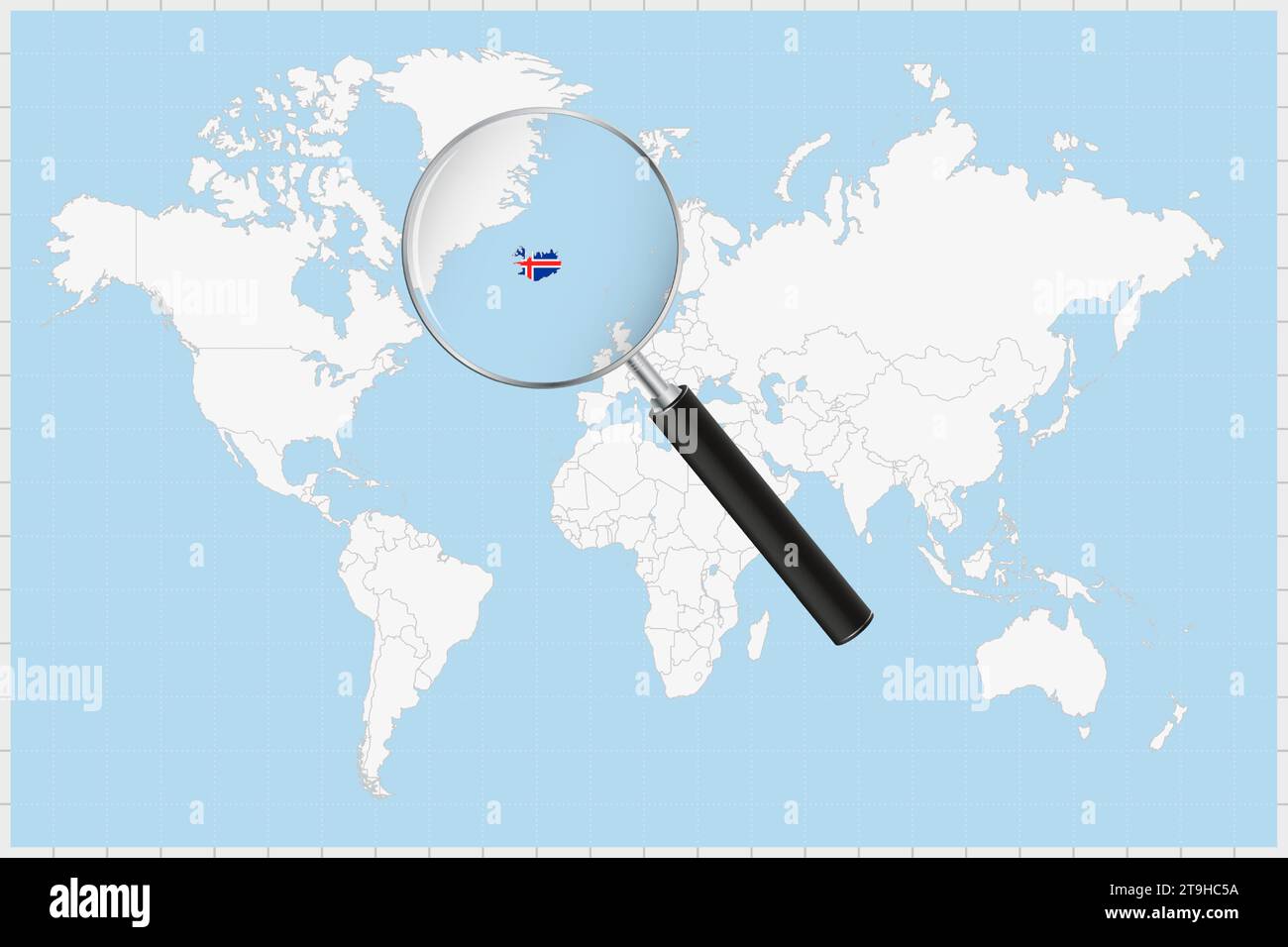 Magnifying glass showing a map of Iceland on a world map. Iceland flag and map enlarge in lens. Vector Illustration. Stock Vector