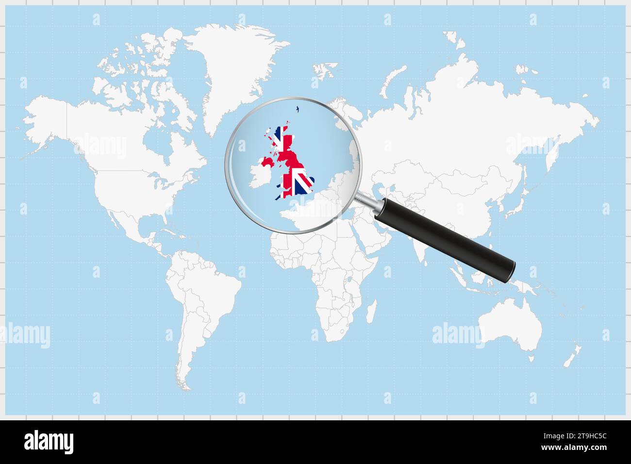 Magnifying glass showing a map of United Kingdom on a world map. United