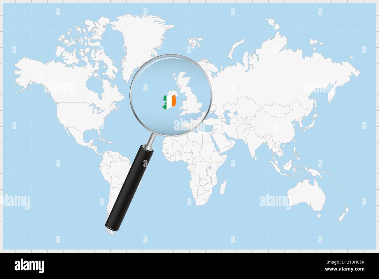 Magnifying glass showing a map of Ireland on a world map. Ireland flag and map enlarge in lens. Vector Illustration. Stock Vector