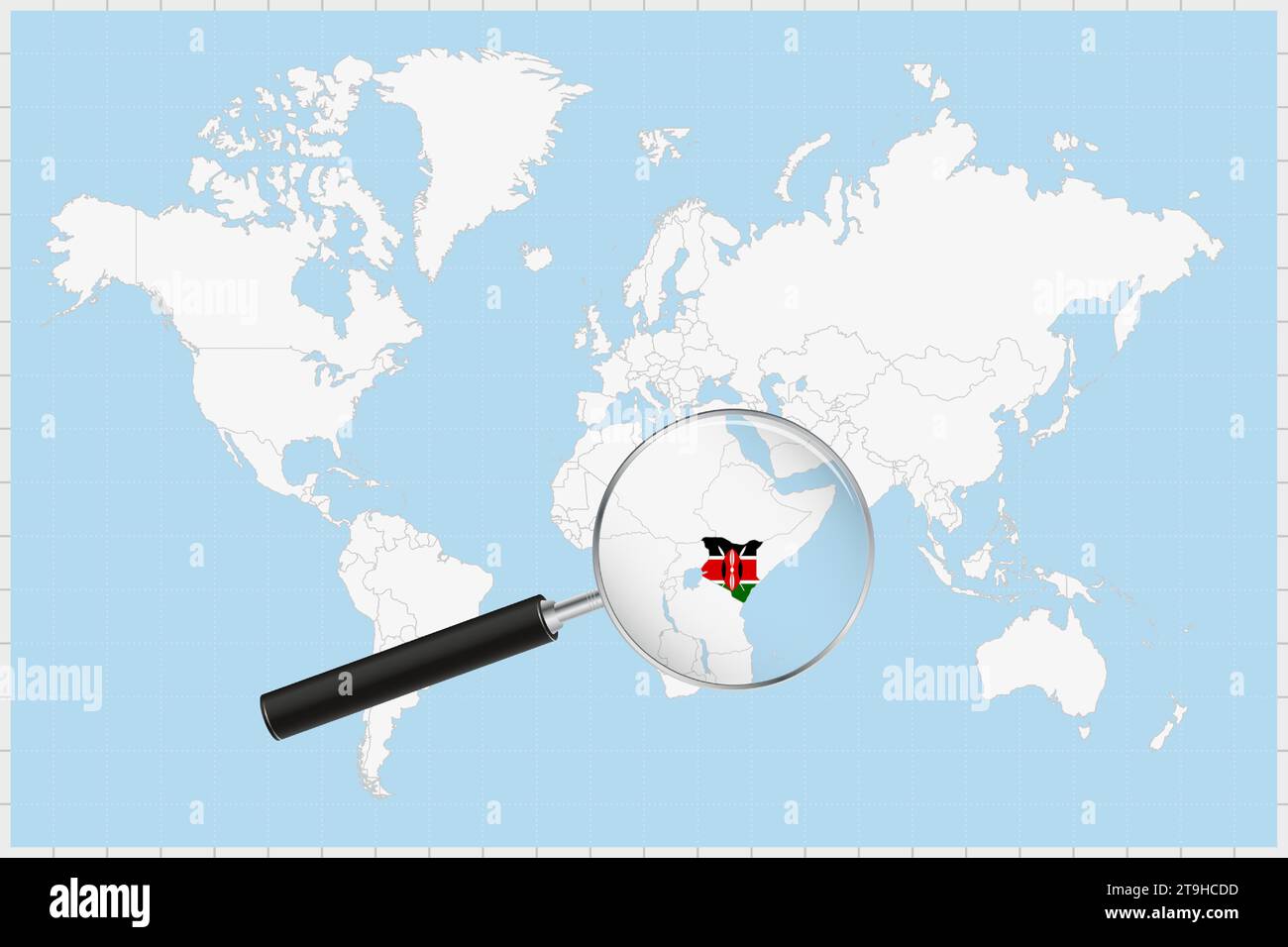 Magnifying glass showing a map of Kenya on a world map. Kenya flag and map enlarge in lens. Vector Illustration. Stock Vector