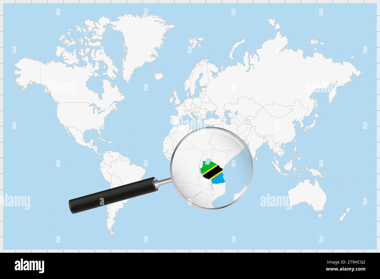 Magnifying glass showing a map of Tanzania on a world map. Tanzania flag and map enlarge in lens. Vector Illustration. Stock Vector