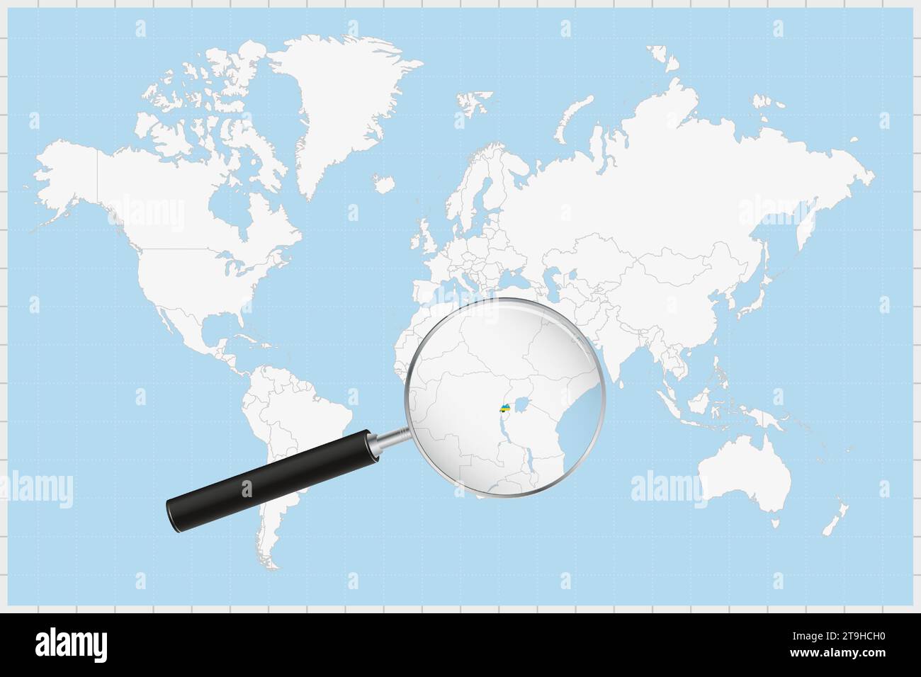 Magnifying glass showing a map of Rwanda on a world map. Rwanda flag ...