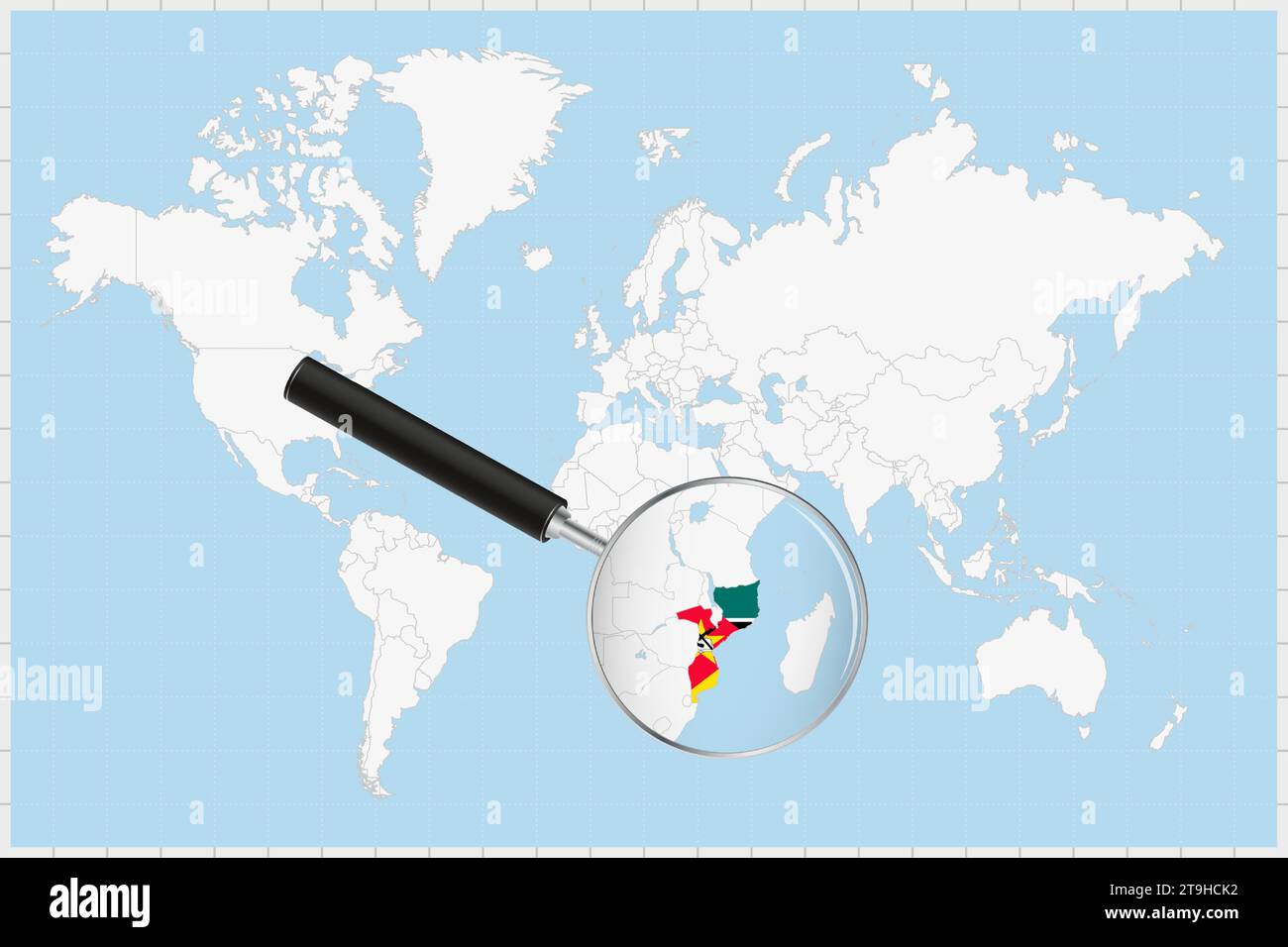 Magnifying Glass Showing A Map Of Mozambique On A World Map Mozambique Magnifying Glass Showing A Map Of Mozambique On A World Map Mozambique Flag And Map Enlarge In Lens Vector Illustration 2T9HCK2