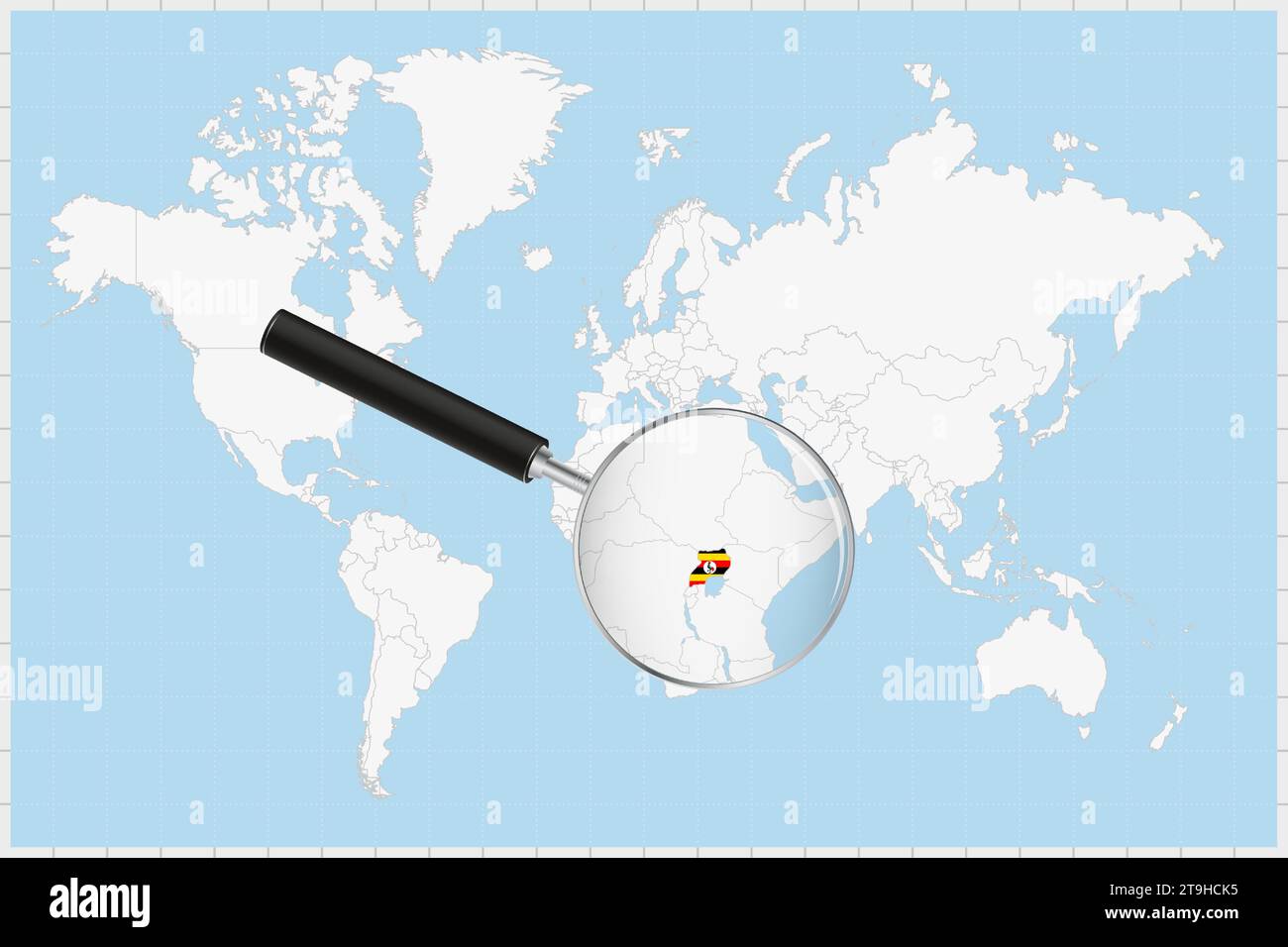 Magnifying glass showing a map of Uganda on a world map. Uganda flag and map enlarge in lens. Vector Illustration. Stock Vector