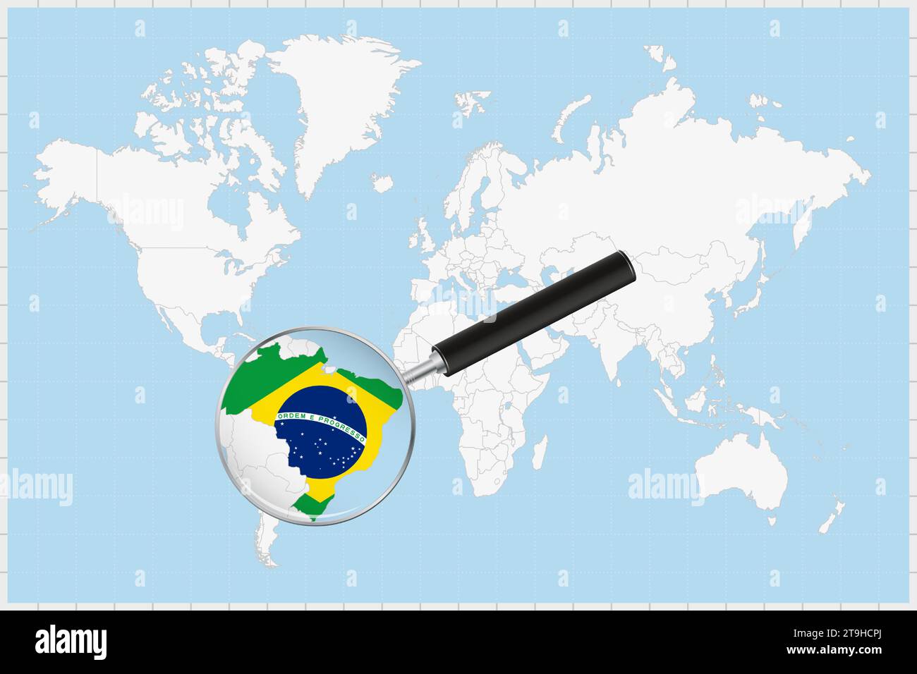 Magnifying Glass Showing A Map Of Brazil On A World Map Brazil Flag Magnifying Glass Showing A Map Of Brazil On A World Map Brazil Flag And Map Enlarge In Lens Vector Illustration 2T9HCPJ 