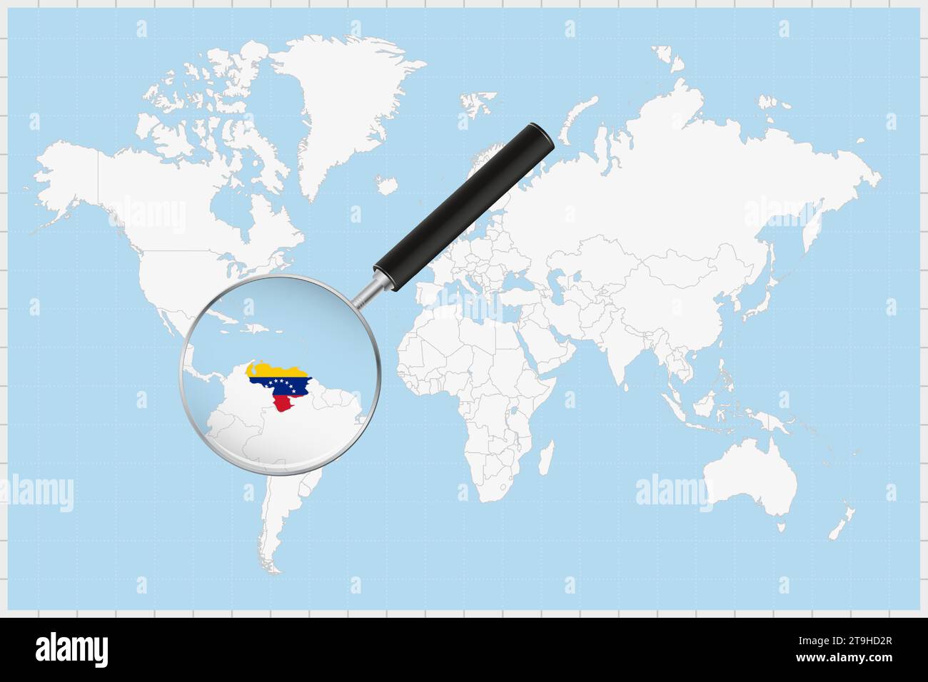 Magnifying Glass Showing A Map Of Venezuela On A World Map Venezuela Magnifying Glass Showing A Map Of Venezuela On A World Map Venezuela Flag And Map Enlarge In Lens Vector Illustration 2T9HD2R 