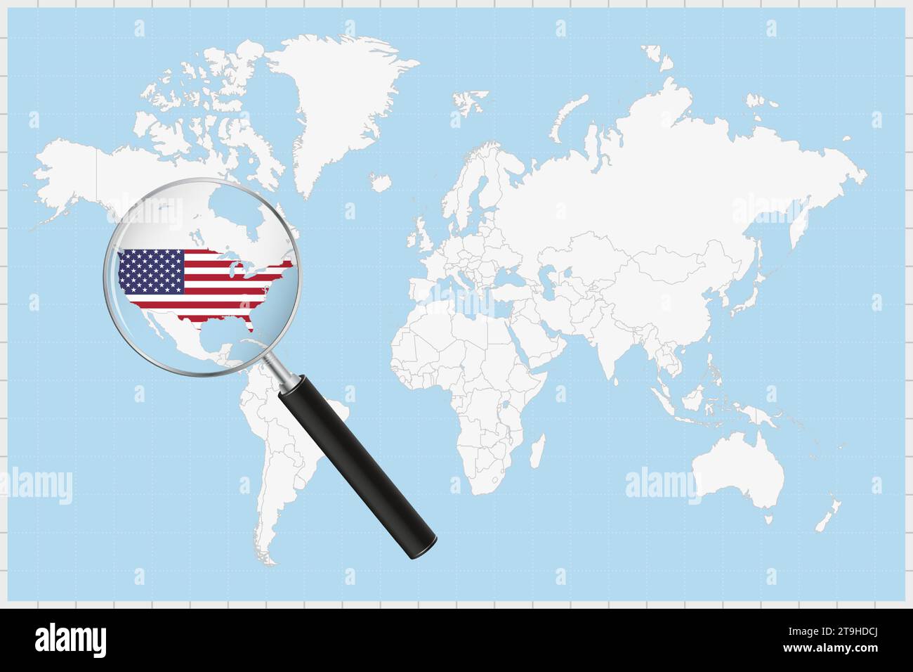 Magnifying glass showing a map of USA on a world map. USA flag and map enlarge in lens. Vector Illustration. Stock Vector