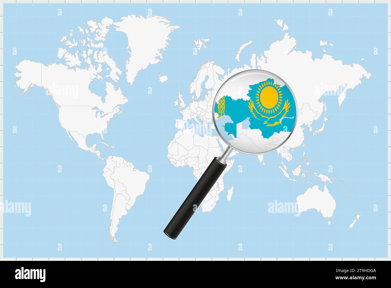 Magnifying Glass Showing A Map Of Kazakhstan On A World Map Kazakhstan Magnifying Glass Showing A Map Of Kazakhstan On A World Map Kazakhstan Flag And Map Enlarge In Lens Vector Illustration 2T9HDGA
