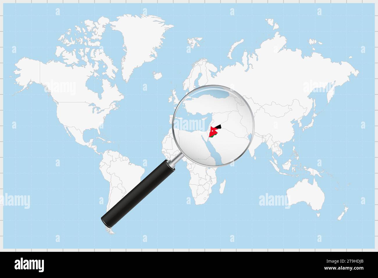 Magnifying glass showing a map of Jordan on a world map. Jordan flag ...