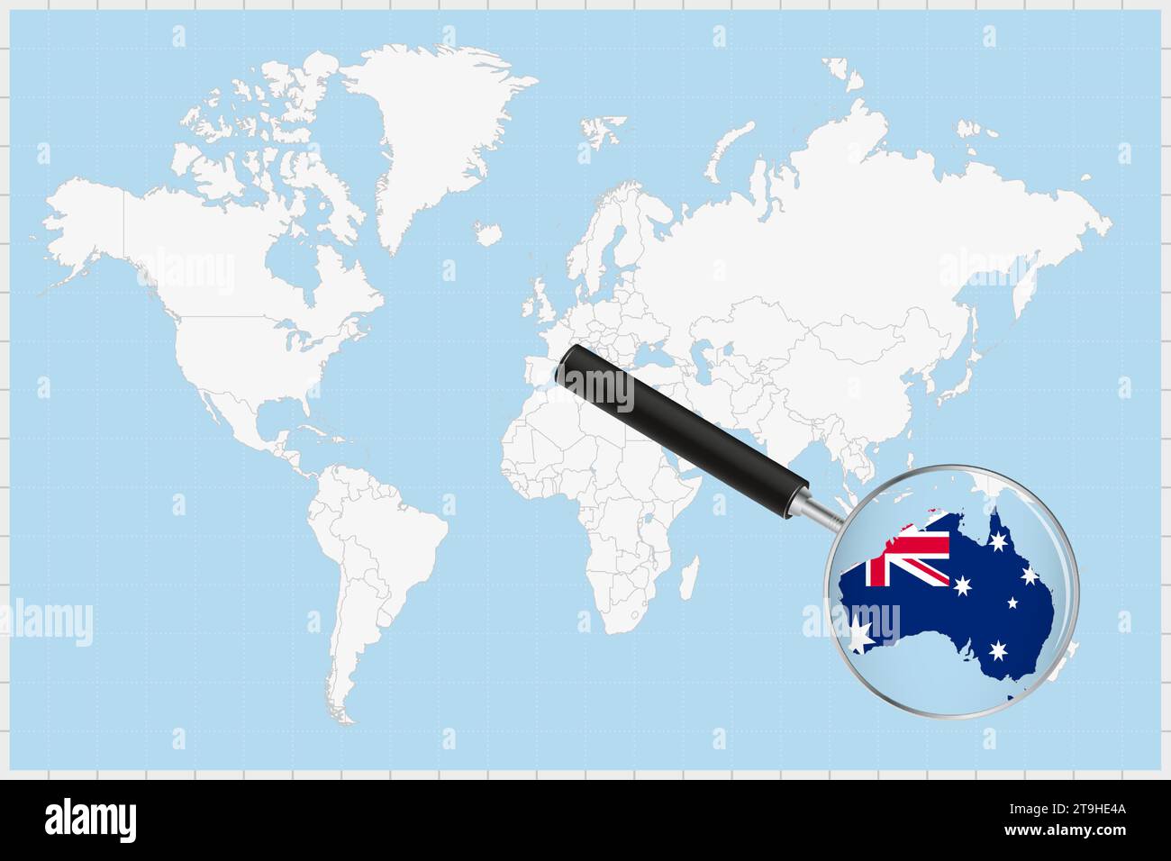 Magnifying glass showing a map of Australia on a world map. Australia