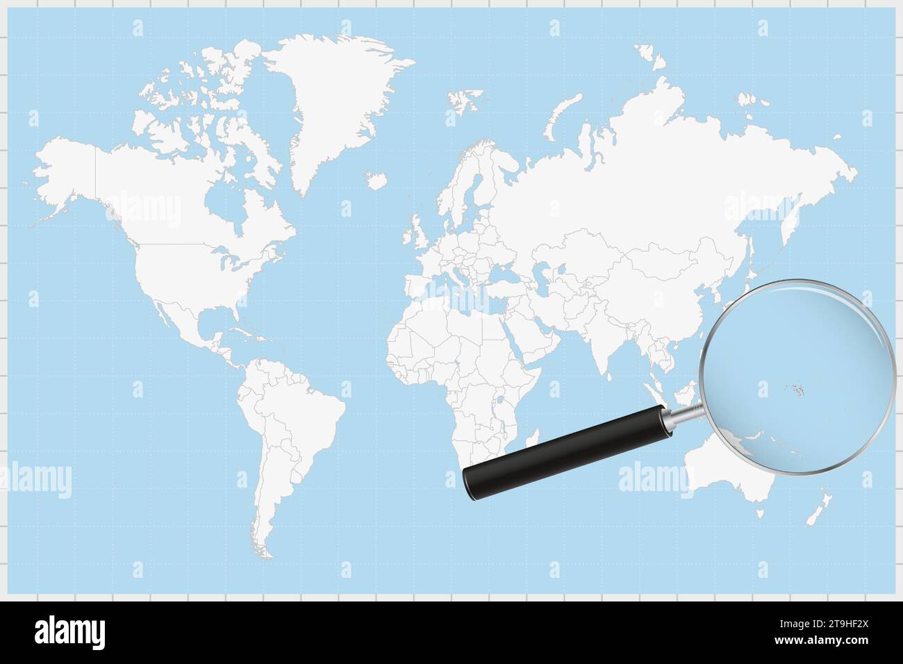 Magnifying glass showing a map of Marshall Islands on a world map. Marshall Islands flag and map enlarge in lens. Vector Illustration. Stock Vector