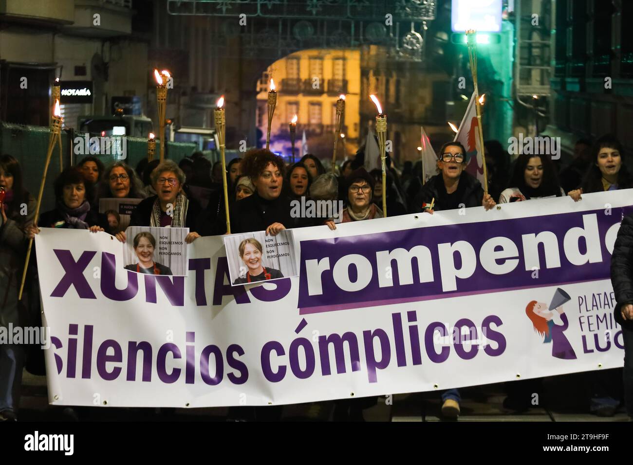 November 25, 2023: Lugo, Galicia, Spain. On the Day for the Elimination of Violence against Women, organizations and citizens marched through the historic center of the place under the slogan Together breaking complicit silences. (Credit Image: © Cristian Leyva/ZUMA Press Wire) EDITORIAL USAGE ONLY! Not for Commercial USAGE! Stock Photo