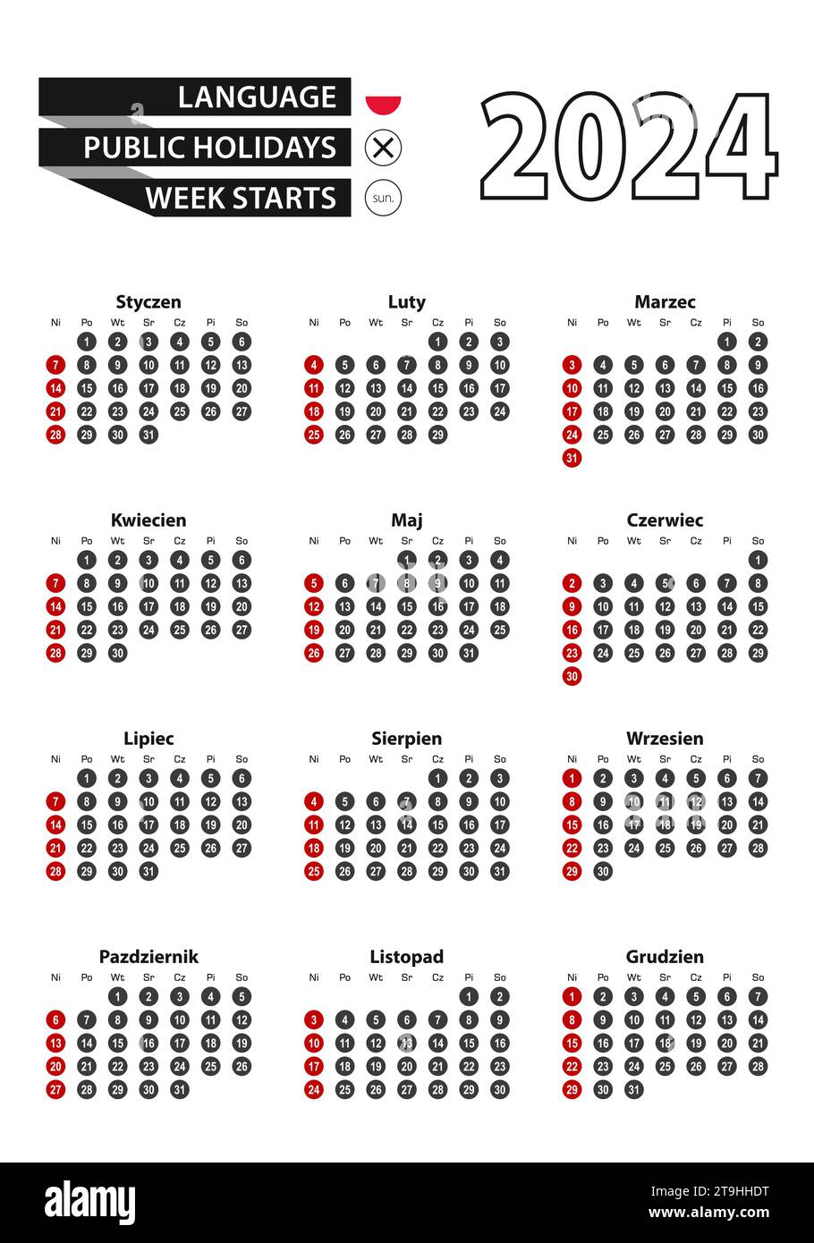Polish calendar 2024 with numbers in circles, week starts on Sunday ...
