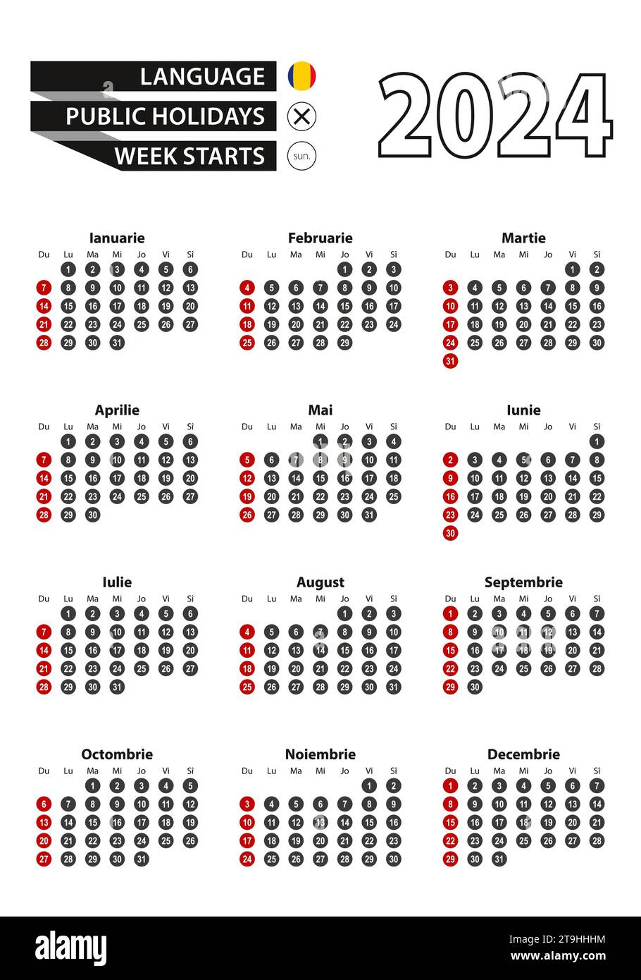 Romanian calendar 2024 with numbers in circles, week starts on Sunday