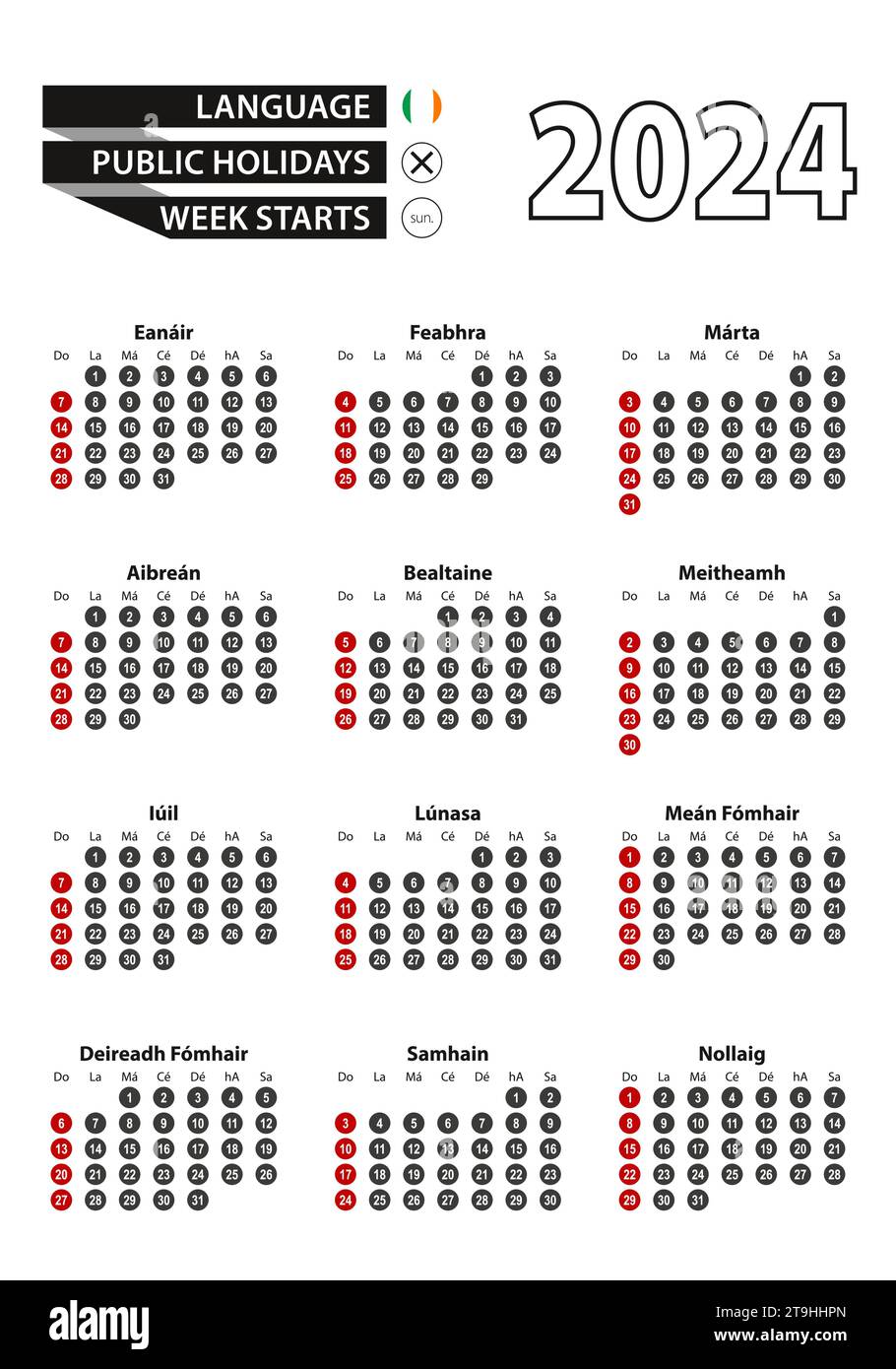 Irish calendar 2025 with numbers in circles, week starts on Sunday