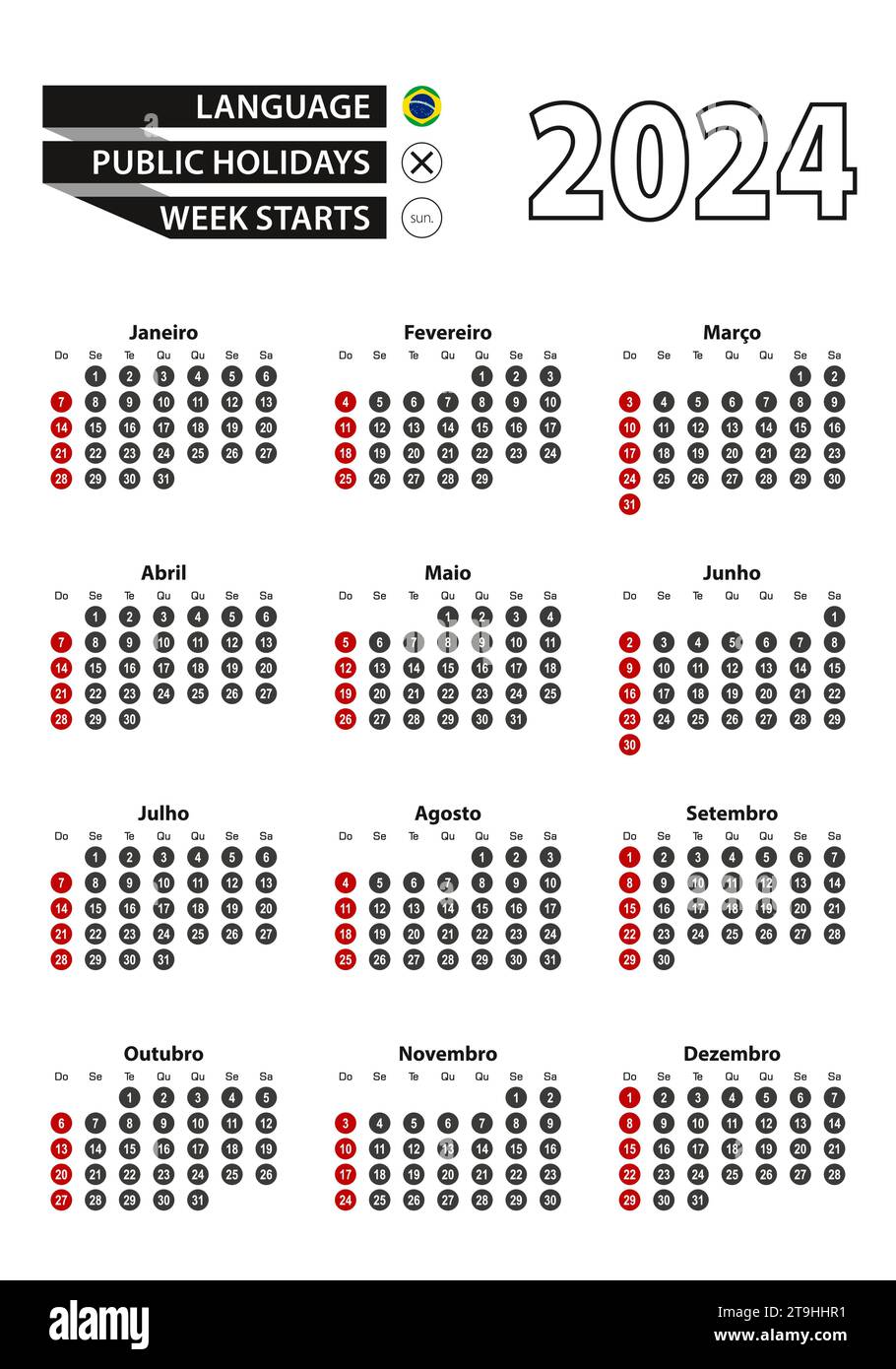 Portuguese calendar 2024 with numbers in circles, week starts on Sunday