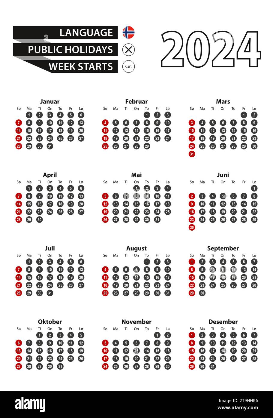 Norwegian calendar 2024 with numbers in circles, week starts on Sunday