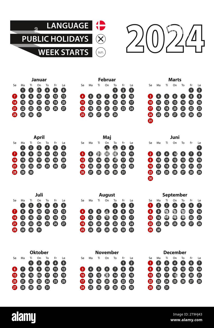 Danish calendar 2024 with numbers in circles, week starts on Sunday