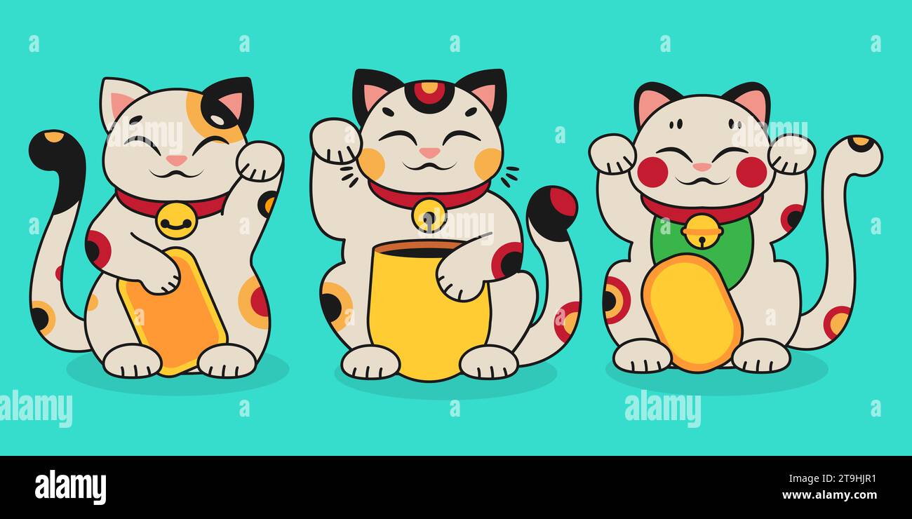 Isolated illustration of Maneki Neko. Three different characters of