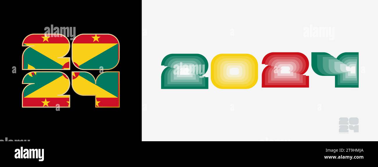 Year 2024 with flag of Grenada and in color palate of Grenada flag