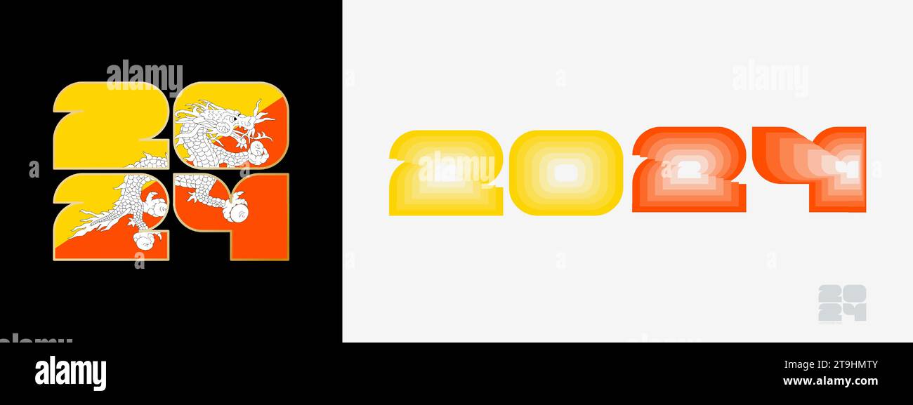 Year 2024 with flag of Bhutan and in color palate of Bhutan flag. Happy