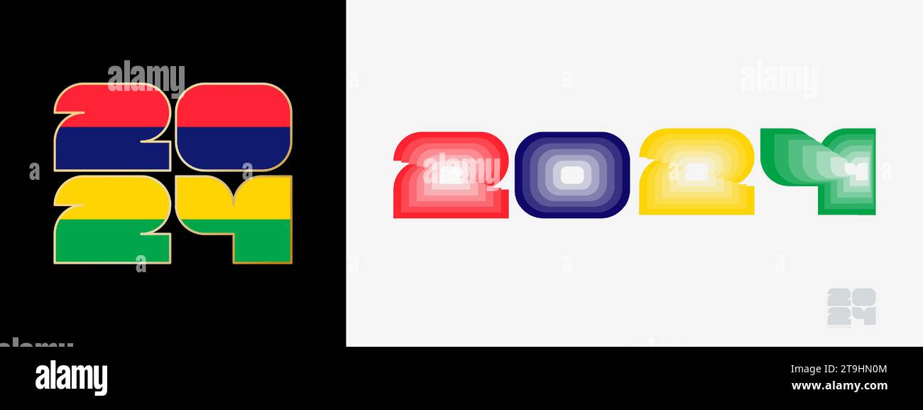Year 2024 with flag of Mauritius and in color palate of Mauritius flag
