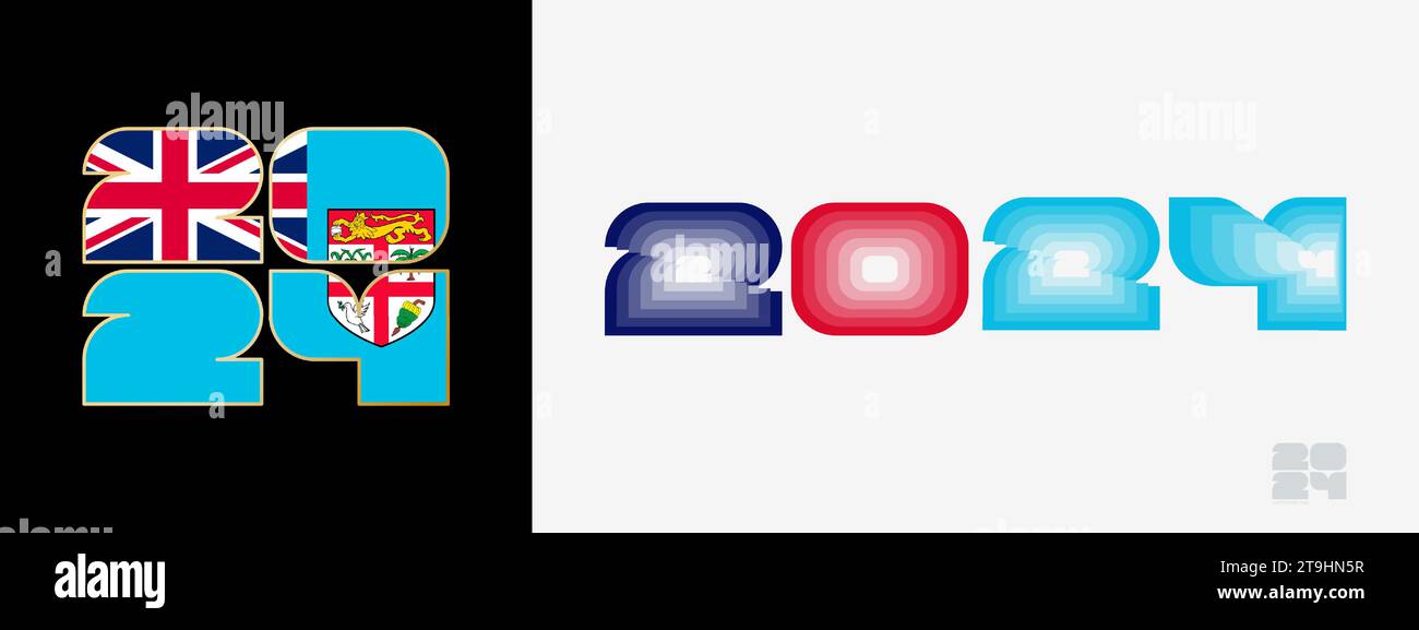 Year 2025 with flag of Fiji and in color palate of Fiji flag. Happy New