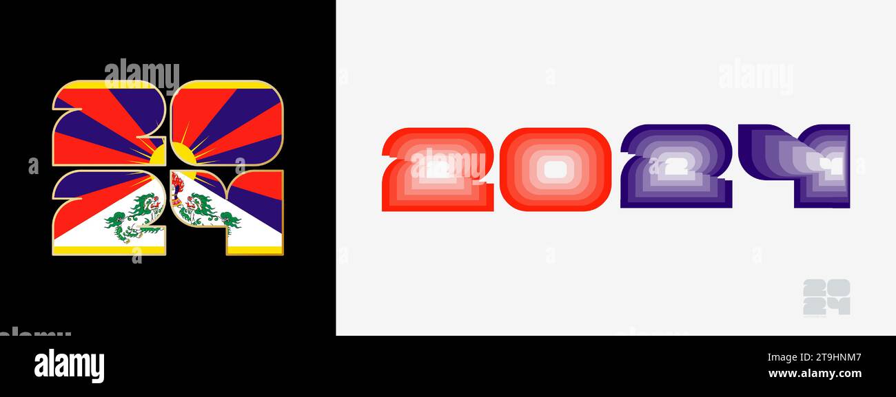 Year 2024 with flag of Tibet and in color palate of Tibet flag. Happy