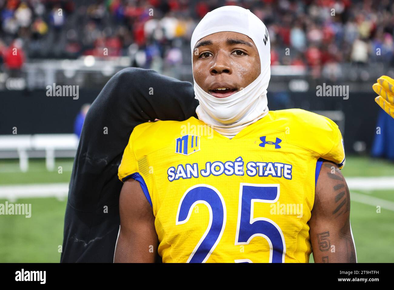Las Vegas, NV, USA. 25th Nov, 2023. San Jose State Spartans defensive back Michael Dansby (25) on the field at the conclusion of the college football game featuring the San Jose State Spartans and the UNLV Rebels at Allegiant Stadium in Las Vegas, NV. Christopher Trim/CSM/Alamy Live News Stock Photo