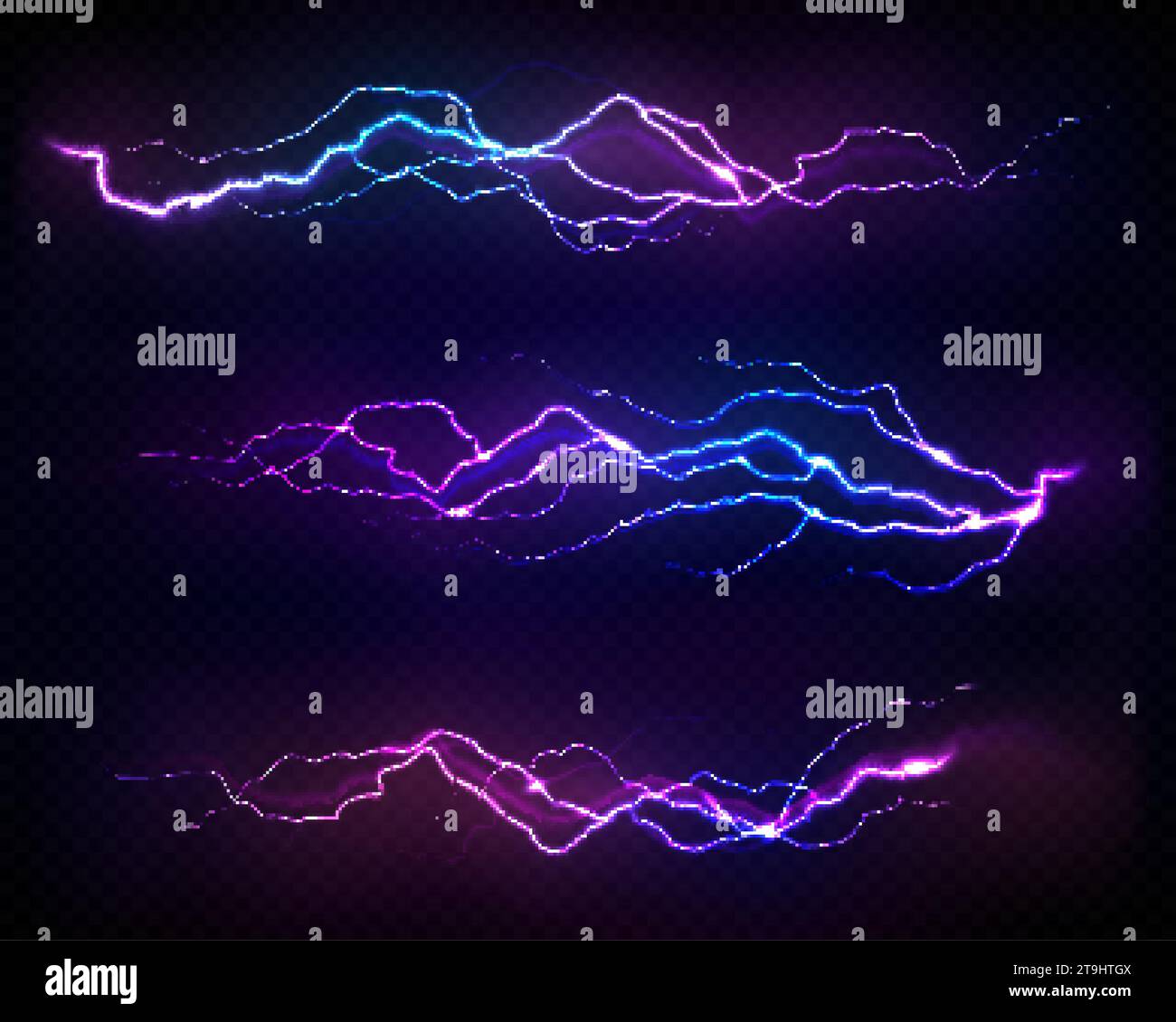 Realistic lightning bolts vector set. Bright light effects on