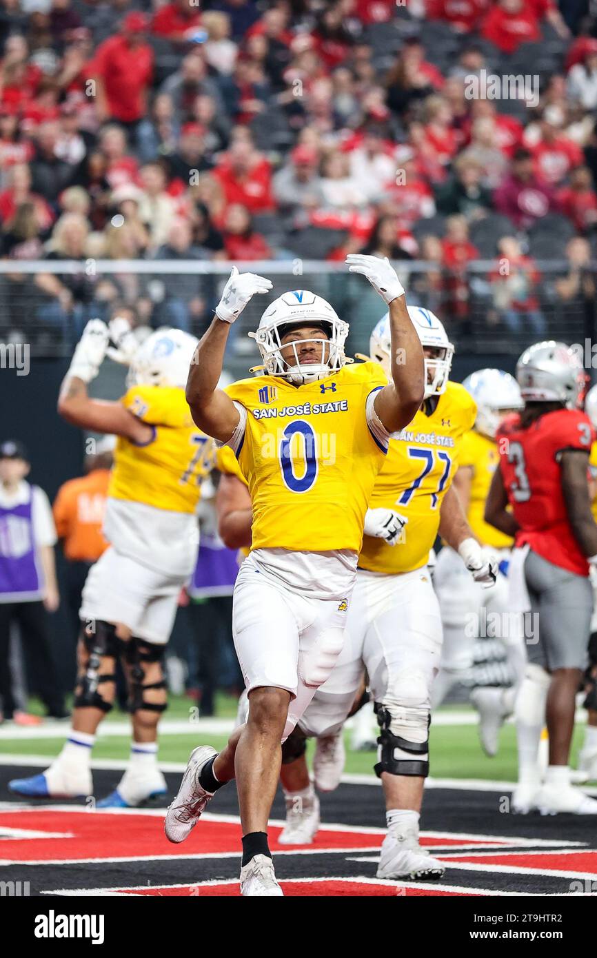 Las Vegas, NV, USA. 25th Nov, 2023. San Jose State Spartans wide receiver Isaac Jernagin (0) celebrates after scoring a touchdown during the second half of the college football game featuring the San Jose State Spartans and the UNLV Rebels at Allegiant Stadium in Las Vegas, NV. Christopher Trim/CSM/Alamy Live News Stock Photo